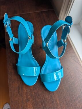 Patent Faux Leather Turquoise Ankle-Strap Sandals by Karl Lagerfeld